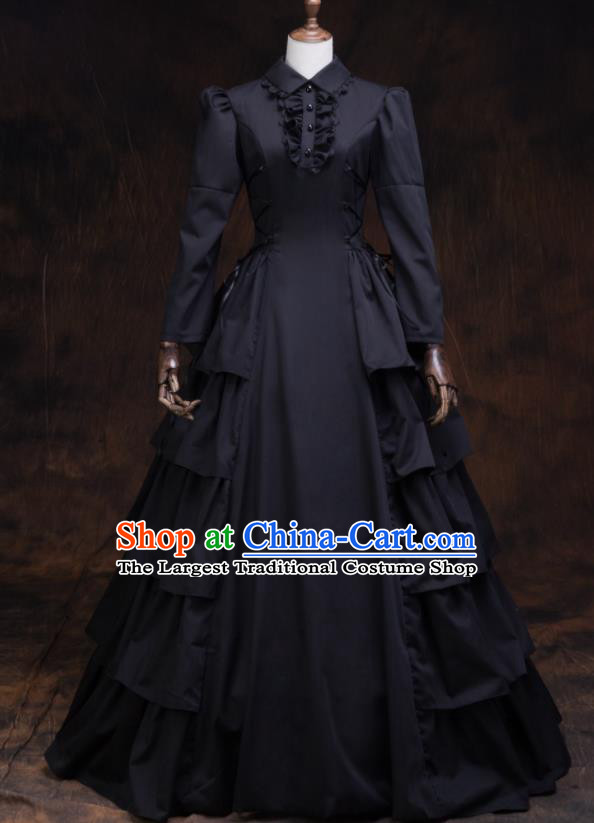 Top European Drama Performance Clothing Western Renaissance Style Black Full Dress Gothic Garment Costume England Noble Woman Formal Attire