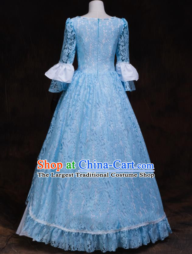 Top Halloween Garment Costume Gothic Maid Lady Formal Attire European Drama Performance Clothing Western Renaissance Style Blue Lace Full Dress
