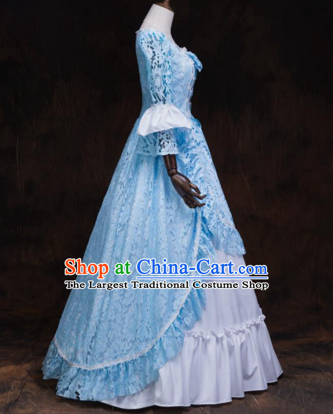 Top Halloween Garment Costume Gothic Maid Lady Formal Attire European Drama Performance Clothing Western Renaissance Style Blue Lace Full Dress