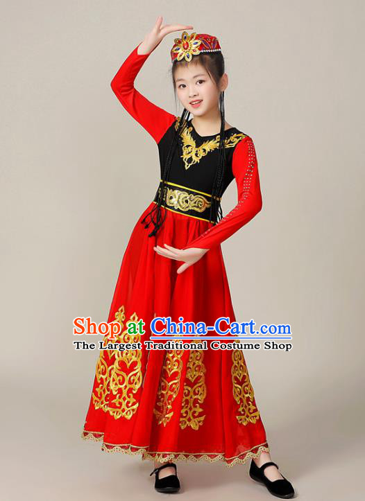 Chinese Uyghur Nationality Girl Dance Clothing Uighur Minority Children Performance Garment Costumes Xinjiang Ethnic Folk Dance Red Dress Outfits