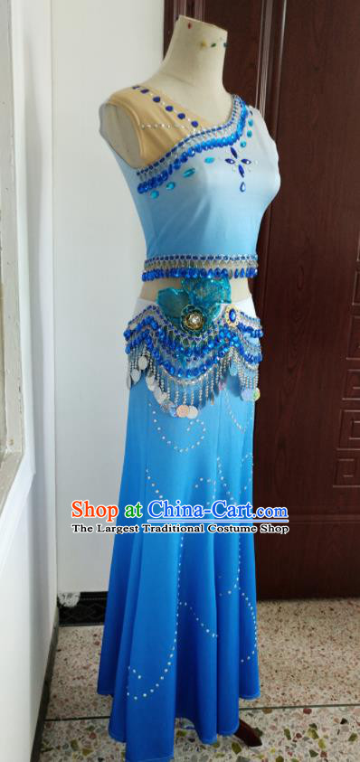 Chinese Ethnic Festival Peacock Dance Blue Dress Outfits Dai Nationality Female Clothing Yunnan Minority Folk Dance Garment Costumes
