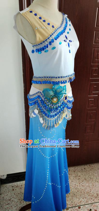 Chinese Ethnic Festival Peacock Dance Blue Dress Outfits Dai Nationality Female Clothing Yunnan Minority Folk Dance Garment Costumes