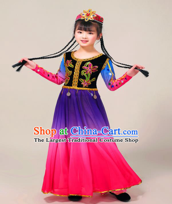 Chinese Xinjiang Ethnic Folk Dance Rosy Dress Outfits Uyghur Nationality Girl Dance Clothing Uighur Minority Children Performance Garment Costumes