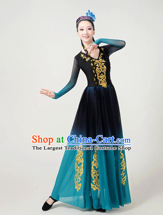 Chinese Xinjiang Ethnic Female Blue Dress Outfits Uyghur Nationality Folk Dance Clothing Uighur Minority Performance Garment Costumes