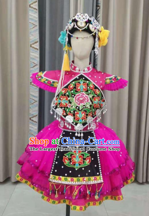 Chinese Ethnic Folk Dance Garment Costumes Yi Minority Dance Rosy Dress Outfits Pumi Nationality Children Performance Clothing and Headwear