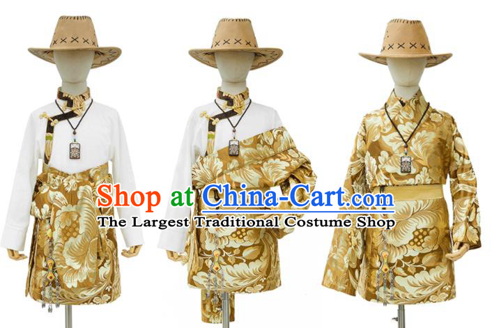 Chinese Zang Nationality Kid Solo Clothing Traditional Light Golden Brocade Tibetan Robe Ethnic Boys Performance Costume