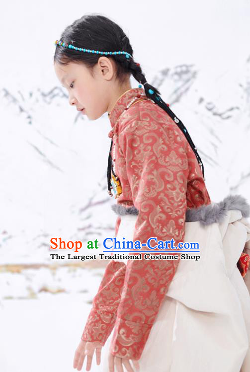 Chinese Ethnic Children Rust Red Brocade Shirt Zang Minority Girl Upper Outer Garment Tibetan Nationality Blouse Clothing