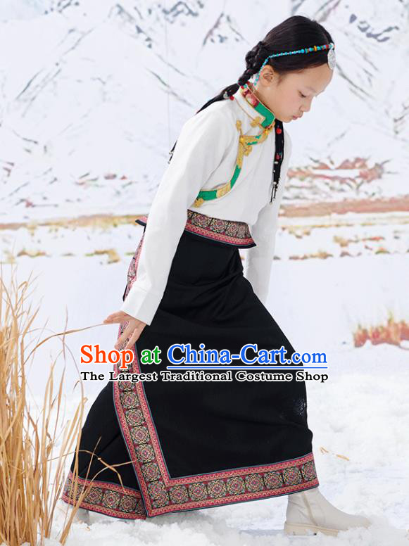 Chinese Zang Minority Festival Performance Costumes Tibetan Nationality Girl Clothing Ethnic Children White Blouse and Black Skirt