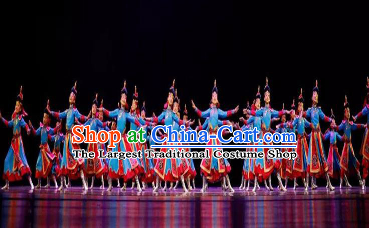 Chinese Mongol Nationality Folk Dance Blue Dress Outfits Traditional Ethnic Girl Clothing Mongolian Minority Stage Performance Costumes