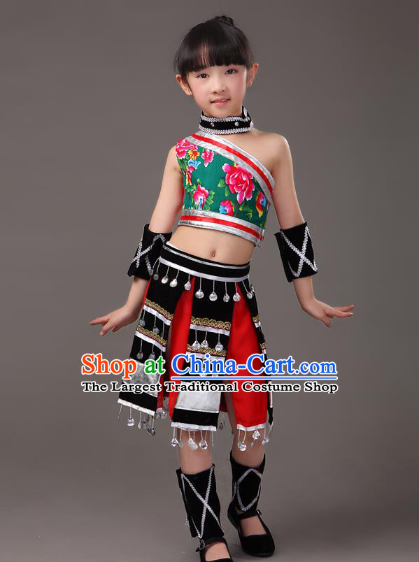 Chinese Traditional Yunnan Ethnic Girl Clothing Va Minority Stage Performance Costumes Yao Nationality Folk Dance Black Skirt Outfits