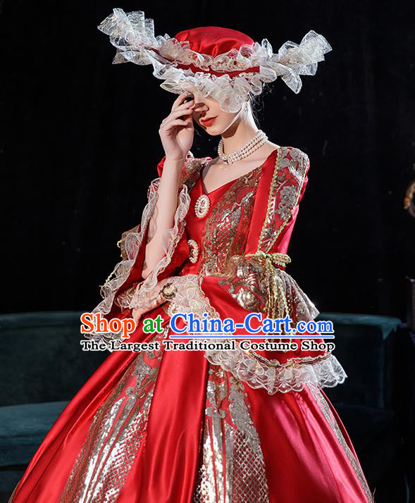 Top European Middle Ages Female Clothing Western Court Red Bubble Dress Renaissance Style Princess Garment Costume French Noble Lady Attire