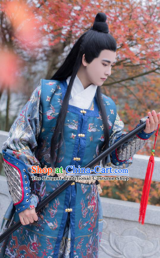 China Ming Dynasty Imperial Guard Historical Clothing Traditional Flying Fish Blue Brocade Vest Ancient Swordsman Garment Costume