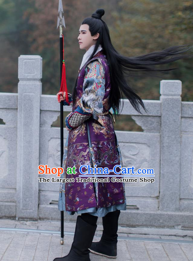 China Ancient Swordsman Garment Costume Ming Dynasty Imperial Guard Historical Clothing Traditional Hanfu Purple Brocade Vest