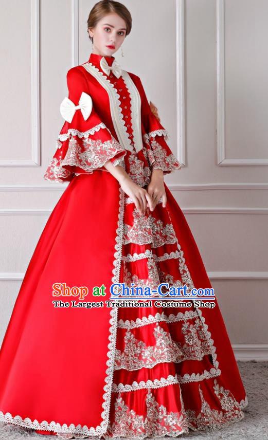 Top England Noble Lady Formal Attire European Drama Clothing Western Court Red Full Dress Renaissance Style Garment Costume