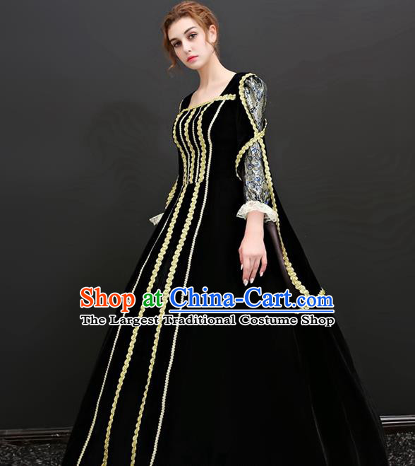 Top European Drama Performance Clothing Western Court Black Velvet Full Dress Renaissance Style Garment Costume French Queen Formal Attire