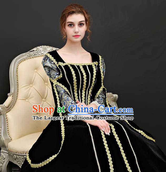Top European Drama Performance Clothing Western Court Black Velvet Full Dress Renaissance Style Garment Costume French Queen Formal Attire