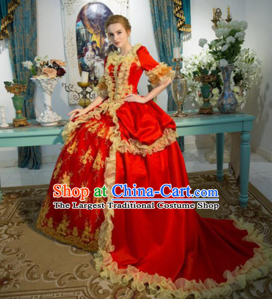 Top Western Drama Performance Red Trailing Full Dress Renaissance Style Garment Costume England Princess Formal Attire European Royal Clothing