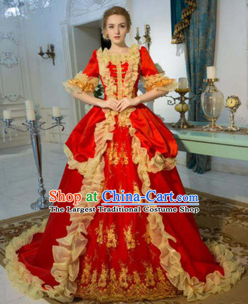 Top Western Drama Performance Red Trailing Full Dress Renaissance Style Garment Costume England Princess Formal Attire European Royal Clothing