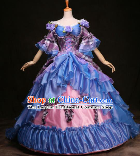Top European Royal Princess Clothing Western Drama Performance Blue Trailing Full Dress Christmas Garment Costume England Court Formal Attire