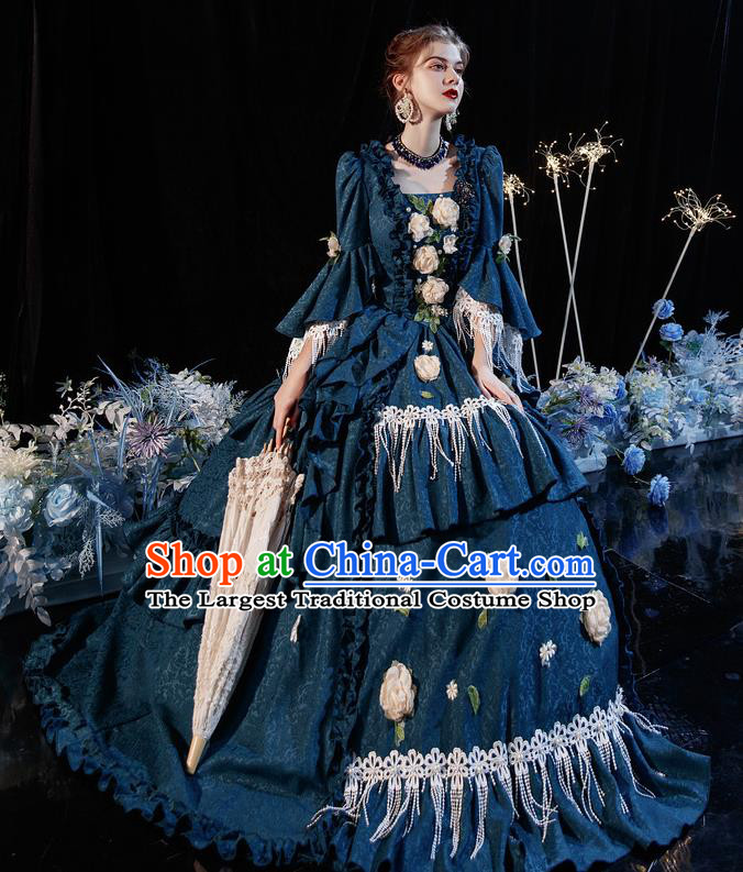 Top Western Court Garment Costume Christmas Dance Party Formal Attire European Princess Clothing French Drama Performance Navy Full Dress