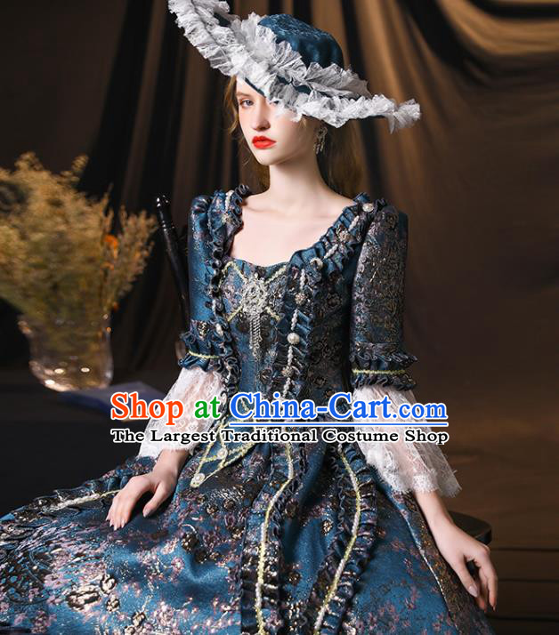 Top European Empress Clothing England Drama Performance Blue Full Dress Western Queen Garment Costume Christmas Dance Party Formal Attire