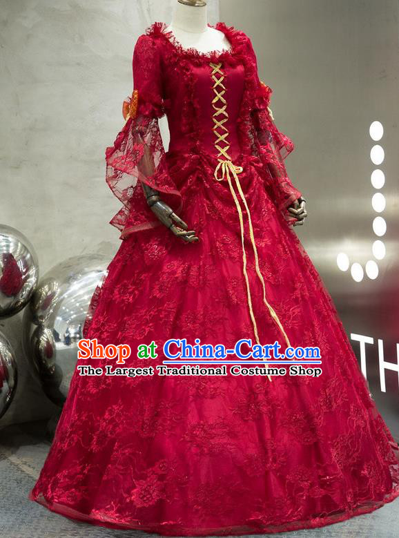 Top Western Drama Performance Wine Red Lace Full Dress French Princess Garment Costume Christmas Dance Party Formal Attire European Court Clothing