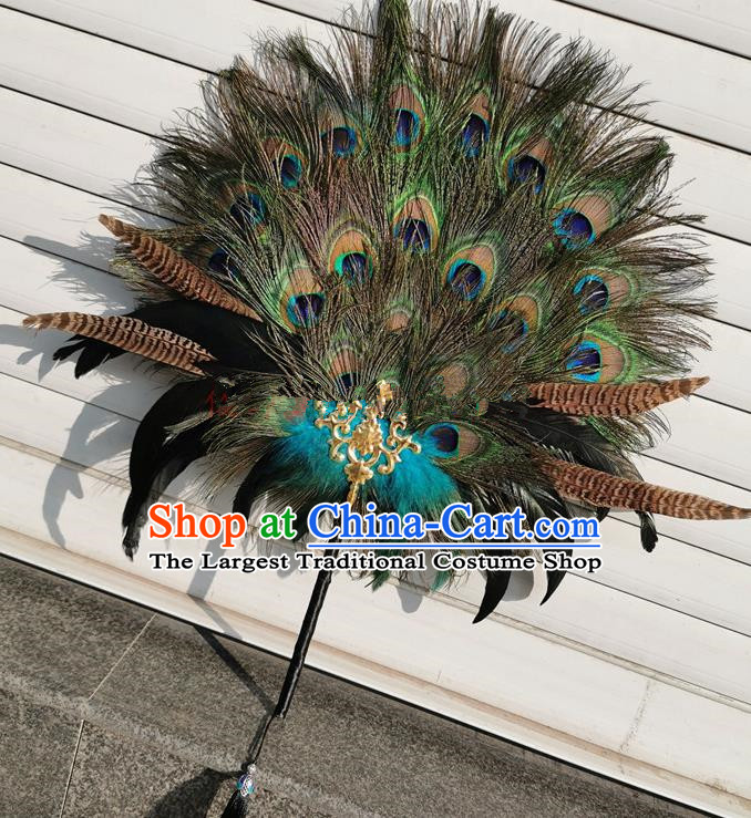 Chinese Stage Show Peacock Feather Fan Traditional Hanfu Palace Fan Handmade Circular Fans Classical Dance Fan