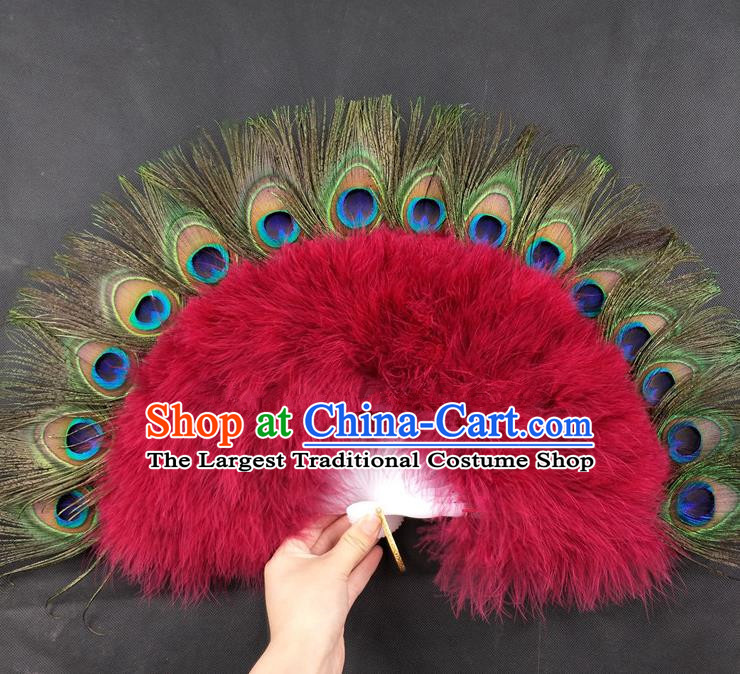 Handmade Stage Show Fan Belly Dance Wine Red Feather Fan Christmas Day Performance Fan Princess Peacock Feather Fan