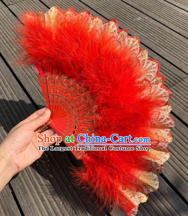 Chinese Folk Dance Folding Fan Martial Arts Performance Fan Traditional Kung Fu Fan Handmade Red Feather Lace Fans
