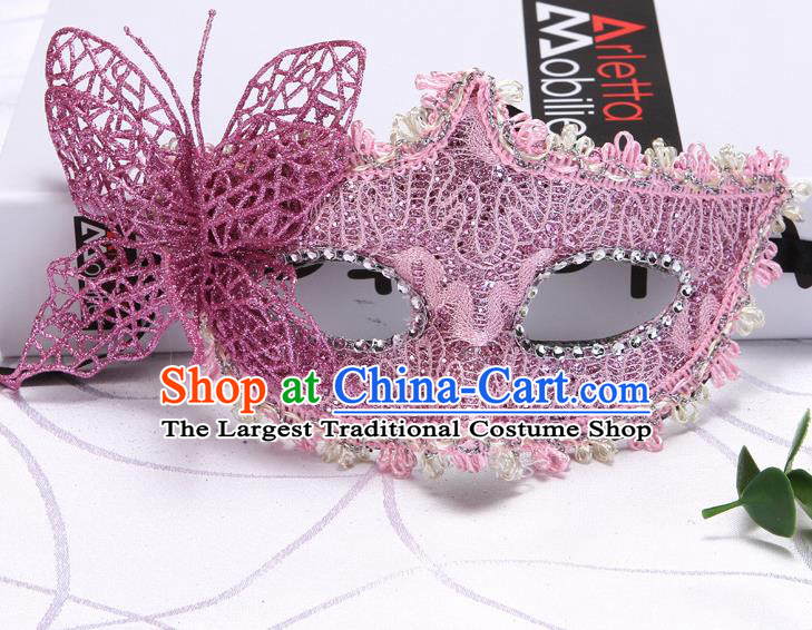 Handmade Stage Show Lace Face Mask Halloween Cosplay Accessories Catwalks Pink Butterfly Mask Masquerade Fancy Ball Headwear