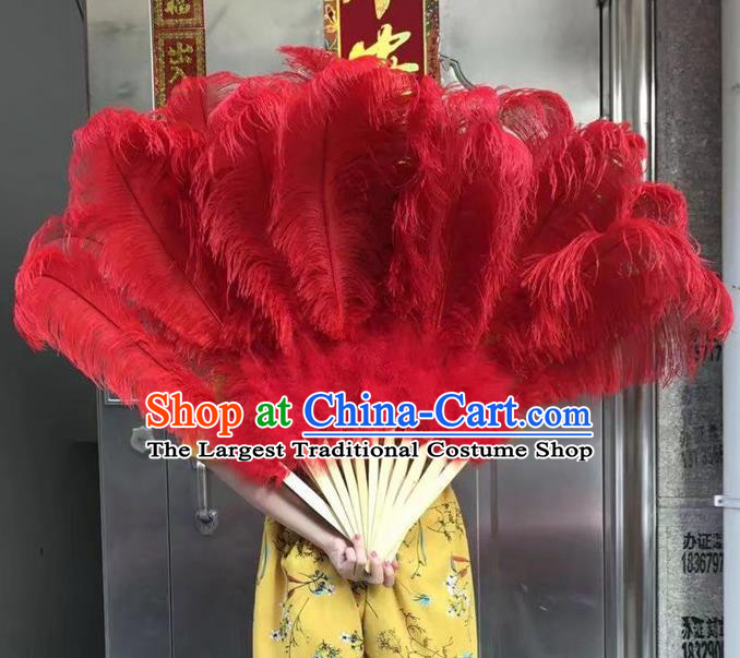 Top Folk Dance Large Fan Handmade Red Ostrich Feather Fan Miami Show Fan Halloween Cosplay Bamboo Folding Fan