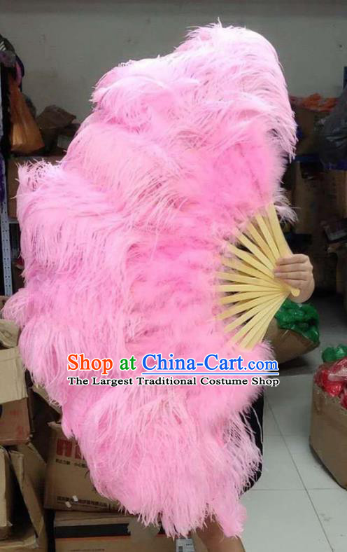 Top Halloween Cosplay Bamboo Folding Fan Folk Dance Large Fan Handmade Pink Ostrich Feather Fan Miami Show Fan