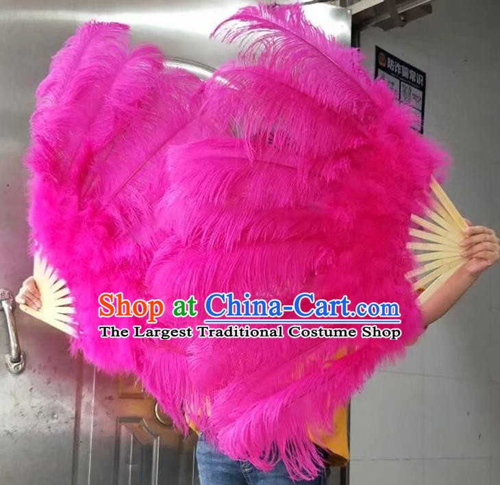 Top Samba Dance Deluxe Feathers Fan Handmade Rosy Ostrich Feather Fan Miami Stage Show Giant Fan Rio Carnival Bamboo Folding Fan