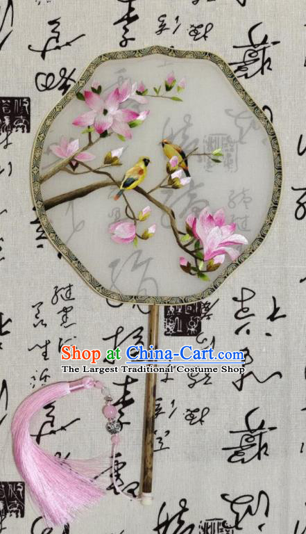 China Classical Dance Palace Fan Hand Suzhou Embroidery Mangnolia Fan Traditional Court Fan Handmade Double Side Silk Fan