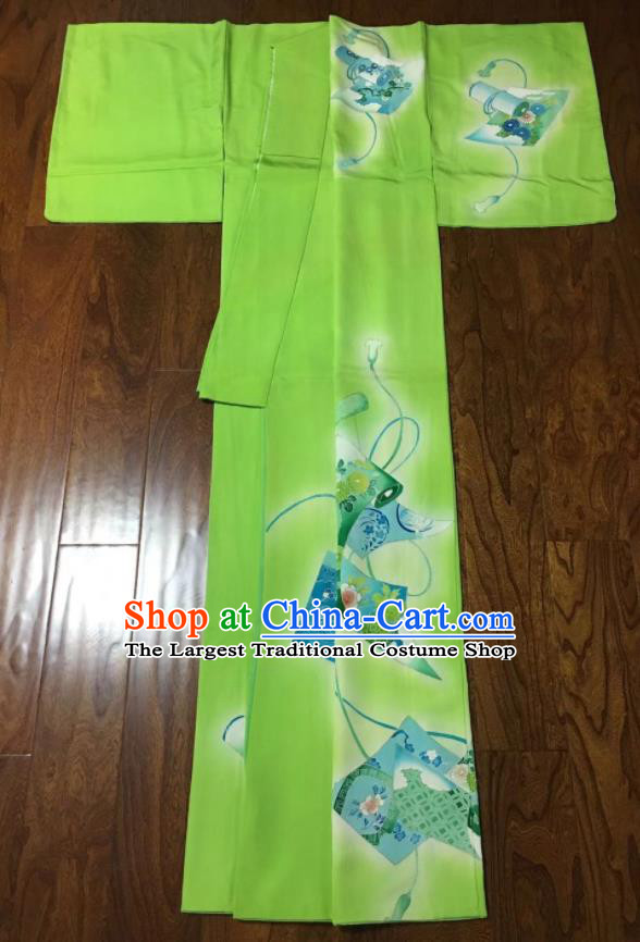 Japan Traditional Printing Green Yukata Dress Classical Pattern Tsukesage Kimono Clothing Young Woman Garment Costume