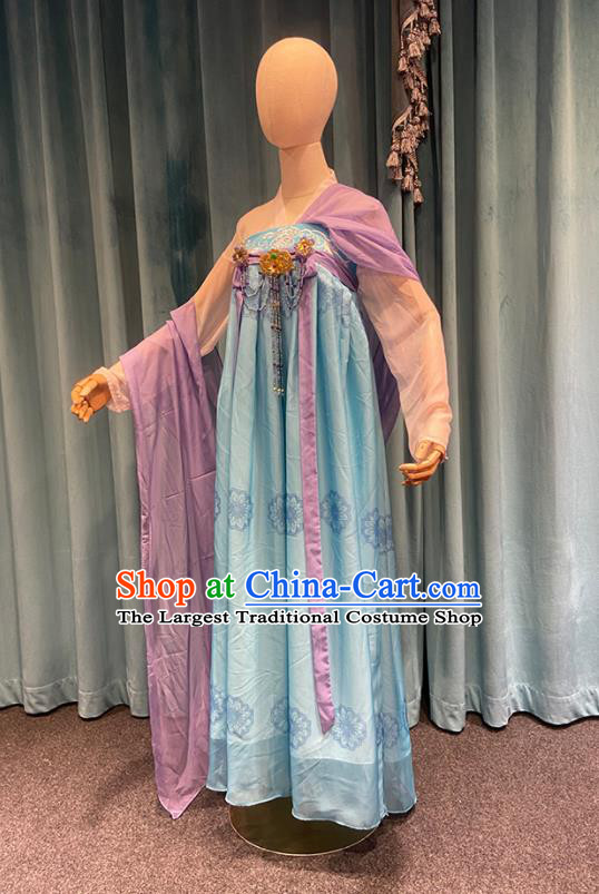 Chinese Tang Dynasty Palace Lady Blue Dress Outfits Traditional Drama Chang Ge Xing Li Leyan Garment Costumes Ancient Young Beauty Clothing