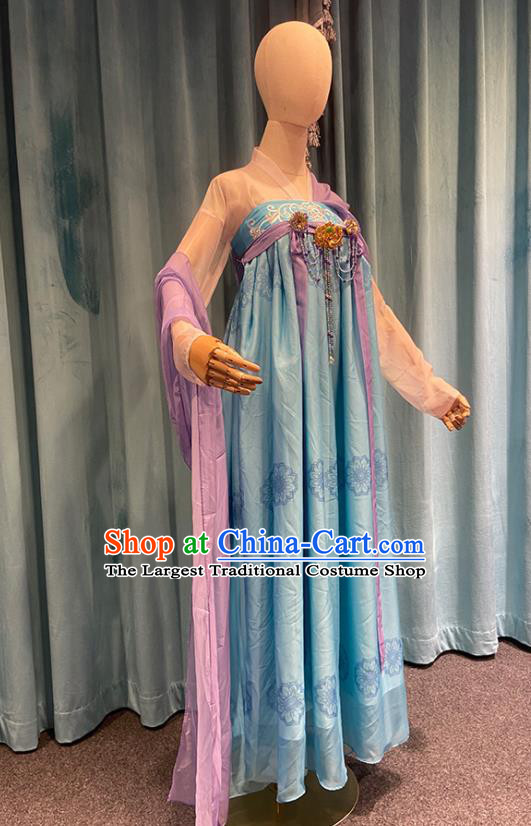 Chinese Tang Dynasty Palace Lady Blue Dress Outfits Traditional Drama Chang Ge Xing Li Leyan Garment Costumes Ancient Young Beauty Clothing