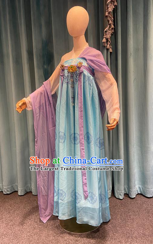 Chinese Tang Dynasty Palace Lady Blue Dress Outfits Traditional Drama Chang Ge Xing Li Leyan Garment Costumes Ancient Young Beauty Clothing
