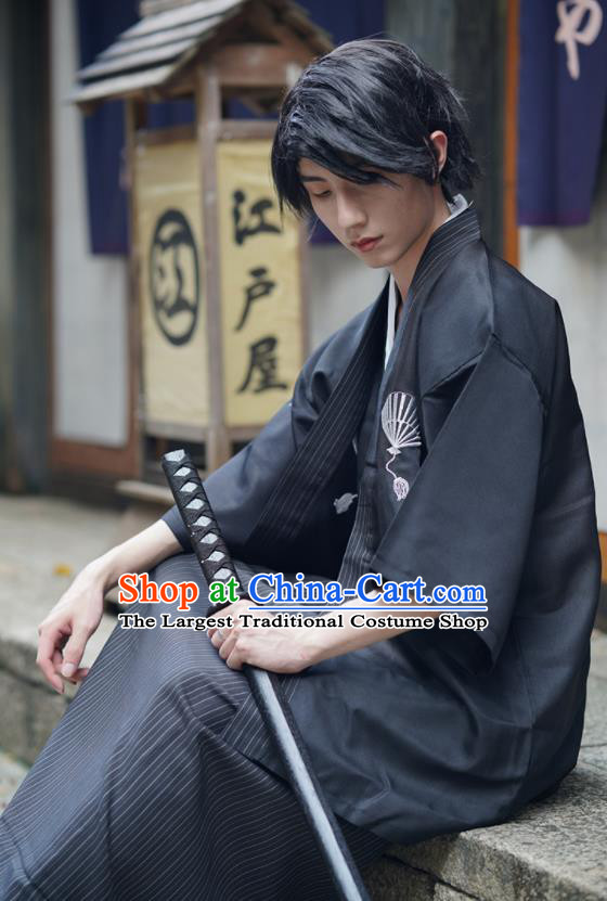 Japanese Stage Performance Male Kimono Clothing Ancient Warrior Apparels Asian Traditional Black Yukata Robe Outfits