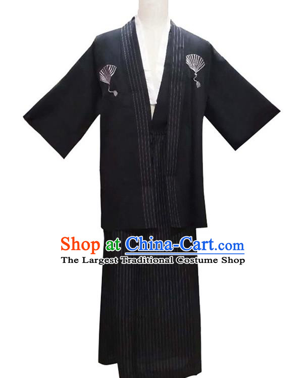 Japanese Stage Performance Male Kimono Clothing Ancient Warrior Apparels Asian Traditional Black Yukata Robe Outfits