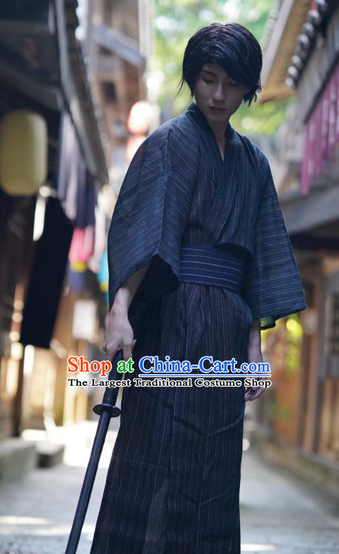 Asian Traditional Black Yukata Robe Japanese Stage Performance Male Kimono Clothing Ancient Warrior Apparels