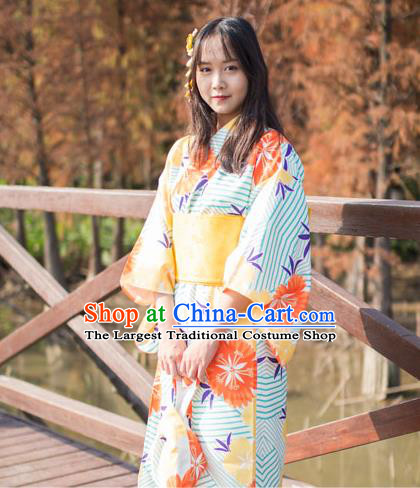 Japan Traditional Summer Festival Garment Costume Hanabi Taikai Printing Albizia Flower Yukata Dress Female Kimono