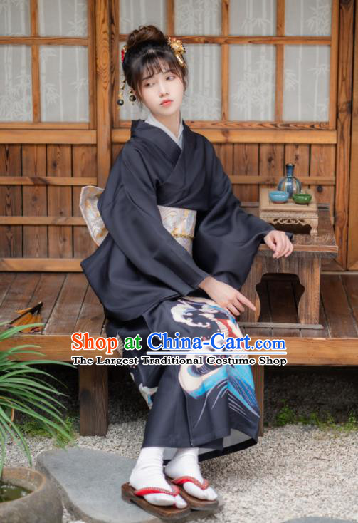 Japan Young Lady Kimono Traditional Summer Festival Garment Costume Hanabi Taikai Printing Wave Crane Black Yukata Dress