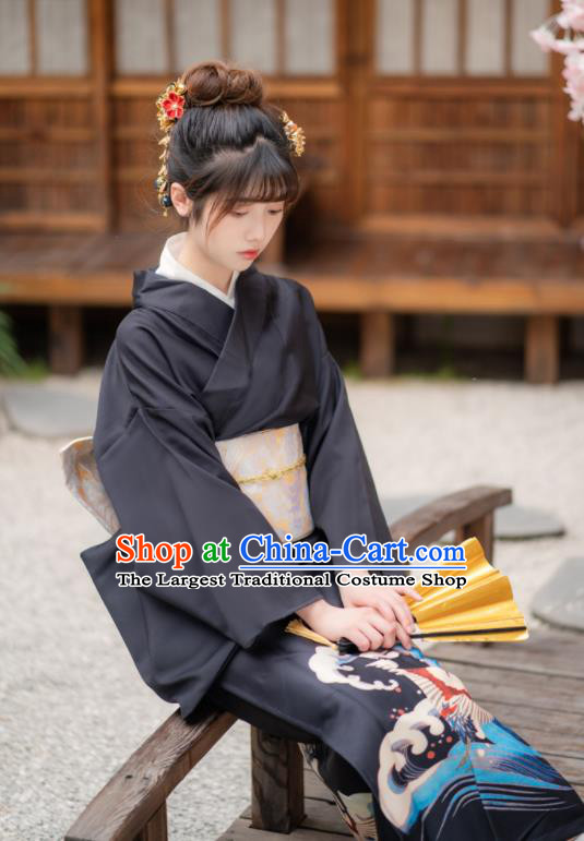 Japan Young Lady Kimono Traditional Summer Festival Garment Costume Hanabi Taikai Printing Wave Crane Black Yukata Dress