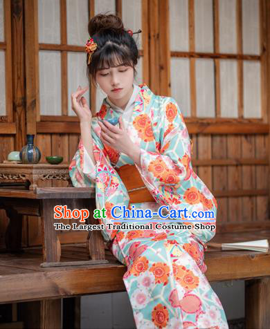 Japan Traditional Summer Festival Kimono Costume Hanabi Taikai Printing Sakura Light Green Yukata Dress Young Lady Fashion Garment