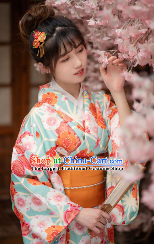 Japan Traditional Summer Festival Kimono Costume Hanabi Taikai Printing Sakura Light Green Yukata Dress Young Lady Fashion Garment