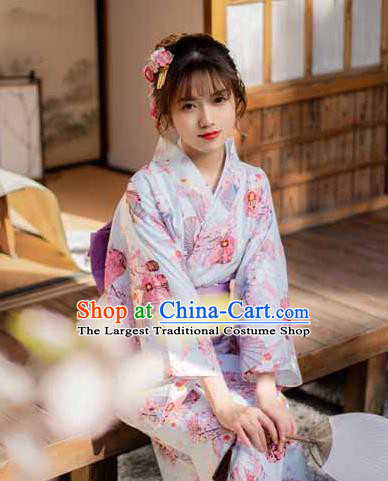 Japan Summer Festival Printing Peach Blossom Blue Yukata Dress Young Lady Stage Performance Fashion Garment Traditional Kimono Costume