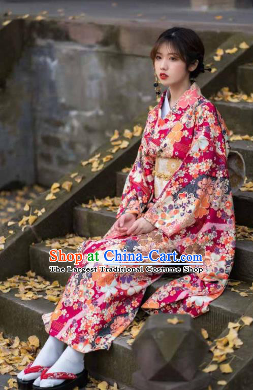 Japan Hanabi Taikai Printing Sakura Wine Red Yukata Dress Young Lady Fashion Garment Traditional Summer Festival Furisode Kimono Costume