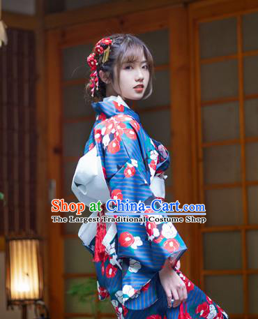 Japan Traditional Summer Festival Kimono Costume Hanabi Taikai Printing Blue Yukata Dress Young Lady Fashion Garment