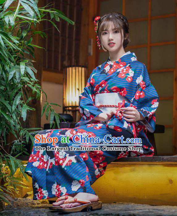 Japan Traditional Summer Festival Kimono Costume Hanabi Taikai Printing Blue Yukata Dress Young Lady Fashion Garment